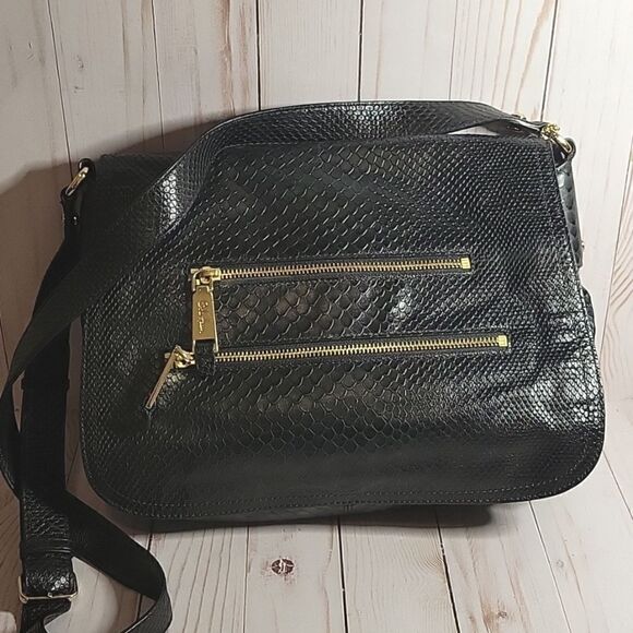 Cole Haan Black Snake Print Leather Crossbody Messenger Bag - Picture 1 of 12